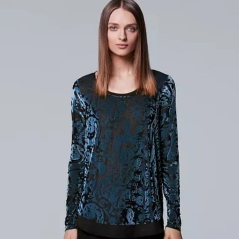 Vera Wang Velvet Burnout Whimsigoth Teal Vamp Victorian Sheer Y2K Top S